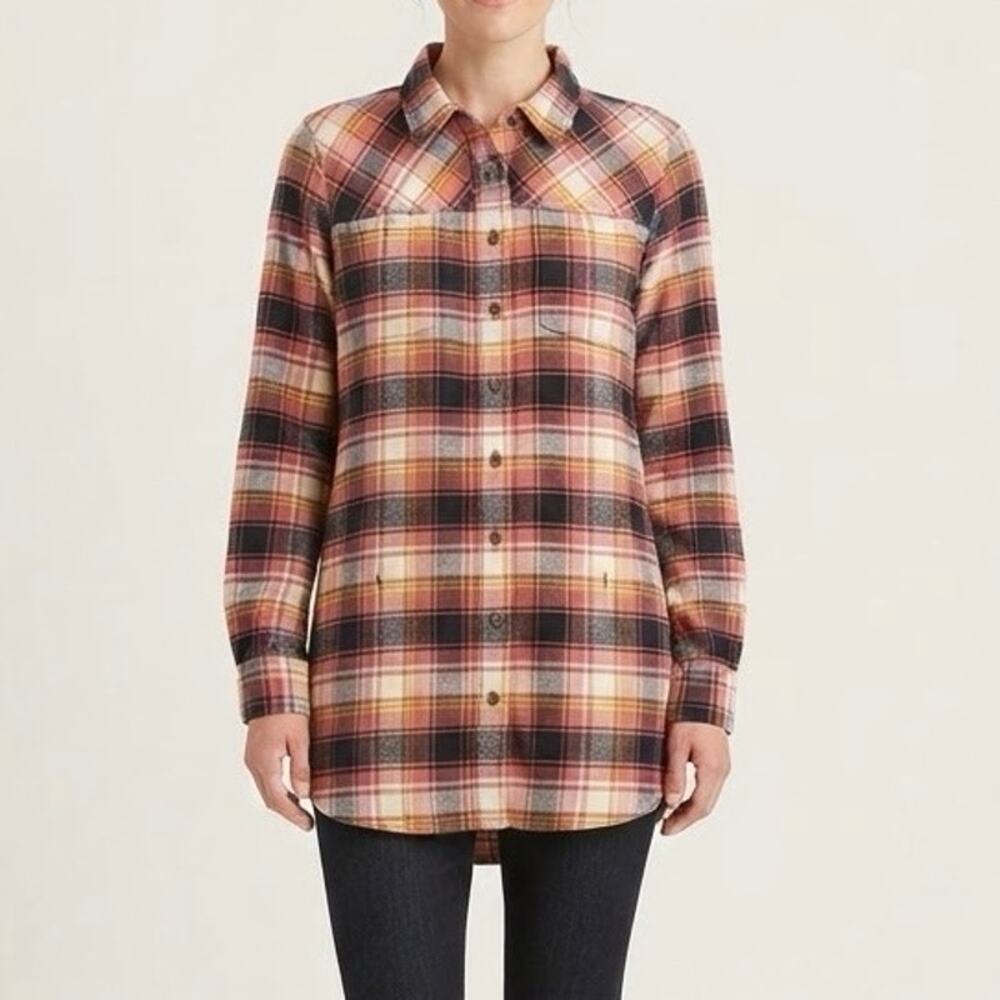 Duluth Trading Co Folklore Flannel Tunic Plaid Button Down Shirt Coral Size S